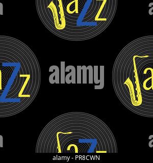Jazz concept. Vinyl record and the word Jazz. Letter J - saxophone. Seamless pattern. Blue and yellow elements. Black background Stock Vector