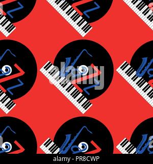 Jazz concept. Vinyl record, piano keyboard and the word Jazz. Letter J - saxophone. Seamless pattern. Red, black and blue elements. Red background Stock Vector