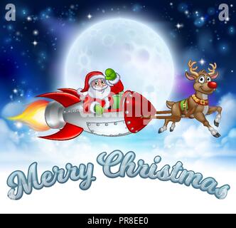 Santa Claus Rocket Sleigh Merry Christmas Graphic  Stock Vector