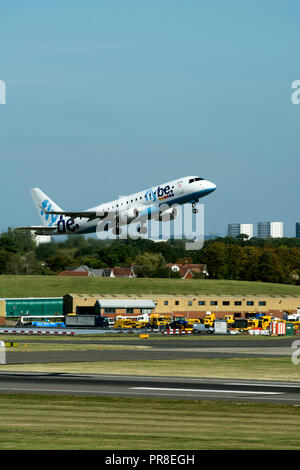 Flybe Embraer ERJ-175 taking off at Birmingham Airport, UK (G-FBJJ) Stock Photo