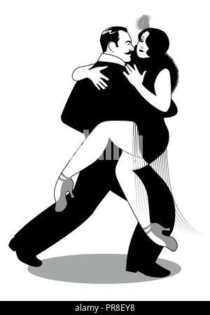 Passionate couple dancing tango: handsome man and beautiful woman dancing tango on ballroom. Stock Vector