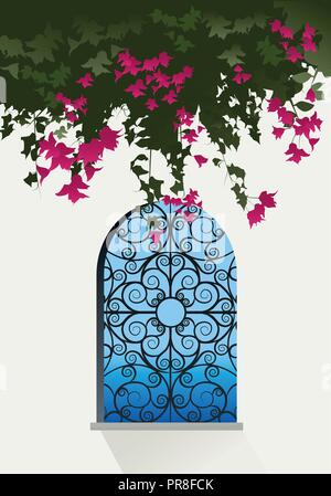 Bougainvillea flowers. Sea view through a window with decorated grille Stock Vector