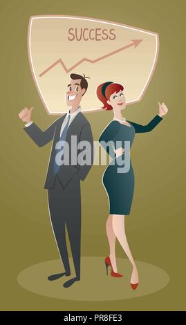 Business man and woman proud of their success. Cartoon retro style 50's and 60's Stock Vector