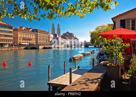Zurich waterfront landmarks autumn colorful view, largest city in Switzerland Stock Photo