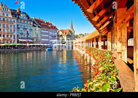 Luzern Chapel Bridge and waterfront landmarks view, town in central Switzerland Stock Photo