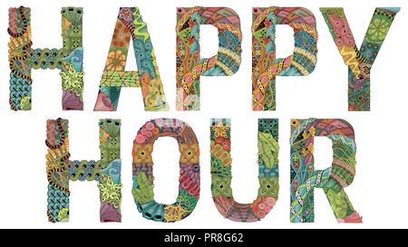 Hand-painted art design. Hand drawn illustration word HAPPY HOUR for t-shirt and other decoration Stock Vector