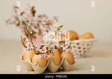 Happy easter. Easter decoration - flowering branches in the shell from the eggs. Selective focus. Stock Photo