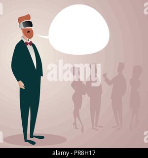 Businessman wearing glasses 3D virtual reality talking about it. Speech Balloon. Silhouettes of a business team in the background. Vector Illustration Stock Vector