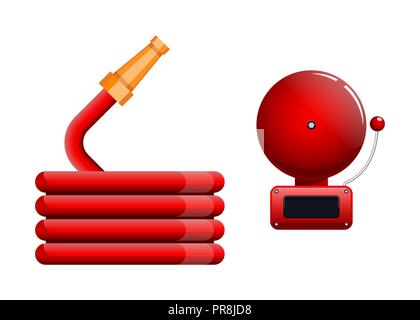 Emergency icon, red fire alarm system and fire hose Stock Vector