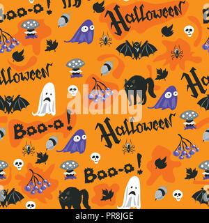 Halloween seamless pattern design with ghost, skull, pumpkin and black cat Stock Vector