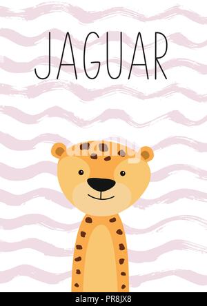 Cute jaguar cartoon character. Poster, card for kids. Stock Vector
