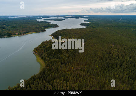 Aerial view from high altitude of the forest and archipelago outside Tammisaari Finland on a day without sunshine Stock Photo