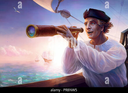 Portrait of medieval explorer Christopher Columbus at the moment of discovery of America, October 1492. Digital painting for Columbus Day. Stock Photo