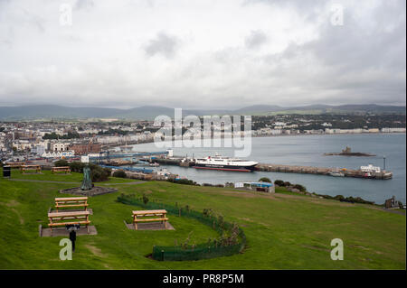 Distant view of Douglas, Isle of Man, from Douglas Head on a cloudy      day. Stock Photo