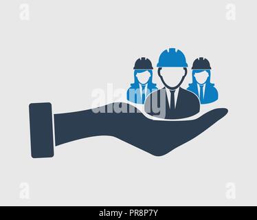 Provide Worker facility icon. Male and female engineer symbol on hand. Stock Vector