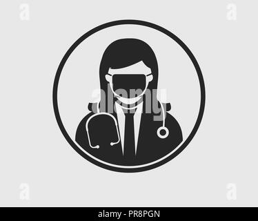 Female Surgeon Icon with Mask on mouth with circle shape. Stock Vector