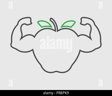 Healthy Food line Icon. Apple with Muscle symbol on Gray Background. Stock Vector