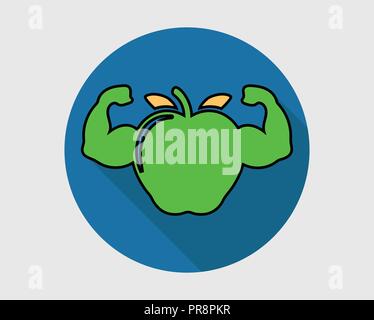 Healthy Food Button Icon. Apple with Muscle symbol on Gray Background. Stock Vector