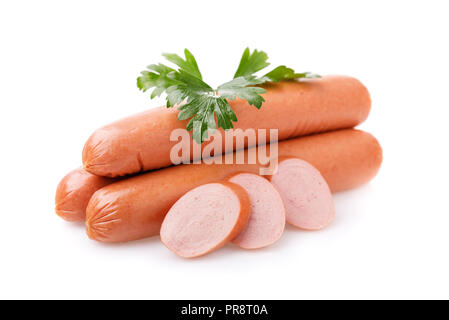 Three sausages with ​​slices and fresh parsley isolated on white background Stock Photo