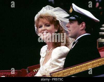 Prince Andrew and his bride Sarah Ferguson leave the ceremony at ...