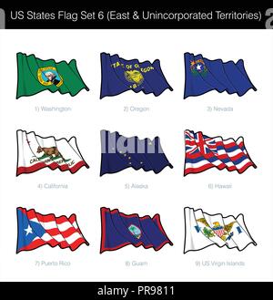 US States Flag Set - East States, Free Associated and Unincorporated Territories. Washington State, Oregon, Nevada, California, Alaska, Hawaii, Puerto Stock Vector
