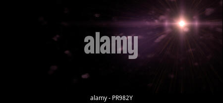 screen lens flare effect overlay texture in shades of violet and purple with bokeh and diagonal anamorphic light streak in front of a black background Stock Photo