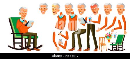 Old Man Vector. Asian Senior Person Portrait. Elderly People. Aged. Animation Creation Set. Face Emotions, Gestures. Friendly Grandparent. Banner, Flyer. Animated. Isolated Cartoon Illustration Stock Vector
