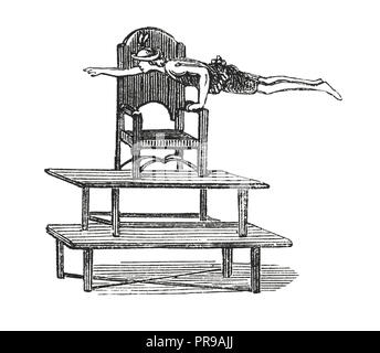 19th century illustration of athelete ballancing with one hand on a chair and tables. Original artwork published in Le magasin Pittoresque by M. A. La Stock Photo