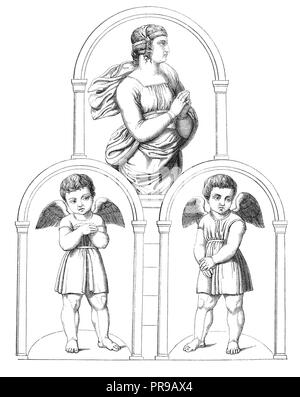 19th century illustration of Faith, Hope, Love, engraving after Raphael's painting. Original artwork published in Le magasin Pittoresque by M. A. Lach Stock Photo