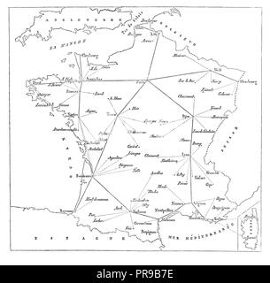 19th century illustration of a map of telegraph lines in France and branches, since 18th century. Original artwork published in Le magasin Pittoresque Stock Photo