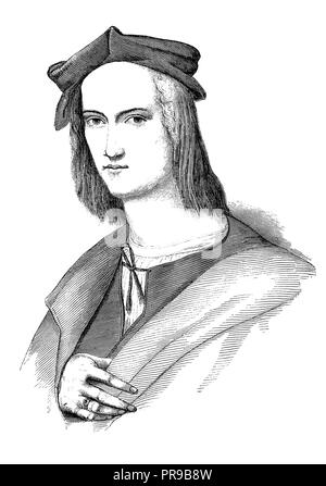 19th century illustration of a portrait by Raphael, drawing by M. Laurens, Fabre Museum in Montpellier. Original artwork published in Le magasin Pitto Stock Photo