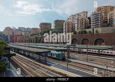 Genoa, Italy - August 5, 2018:  Genova Piazza Principe railway station in a summer day. The first temporary station was opened here in 1854