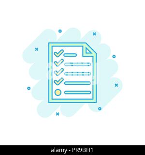 Cartoon colored checklist icon in comic style. Document check sign illustration pictogram. Diagram graph splash business concept. Stock Vector