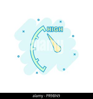 Cartoon colored high level icon in comic style. Speedometer, tachometer illustration pictogram. High level sign splash business concept. Stock Vector
