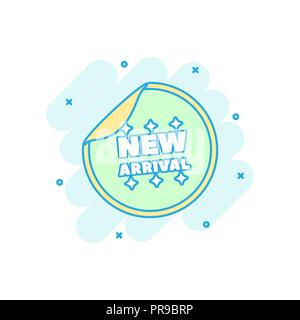 Cartoon colored new arrival sticker icon in comic style. Shopping illustration pictogram. New arrival sign splash business concept. Stock Vector