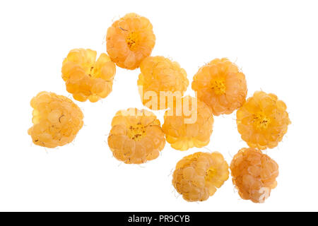 Yellow raspberries isolated on white background. Top view. Flat lay pattern Stock Photo