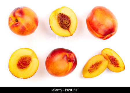 ripe nectarine isolated on white background. Top view. Flat lay pattern. Set or collection Stock Photo