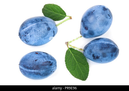 plums with leaf isolated on a white background. Top view. Flat lay pattern Stock Photo