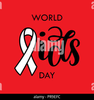 World AIDS Day. AIDS ribbon. Brush black typography for poster or t-shirt.  illustration isolated on red. Lettering composition. Stock Photo