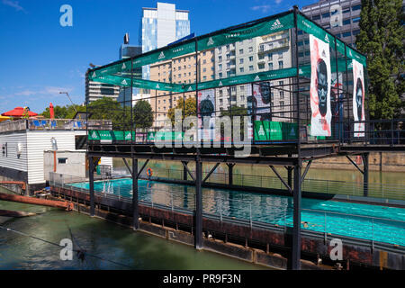 A swimming pool built into a barge floating on the Danube Canal, Vienna, Austria Stock Photo