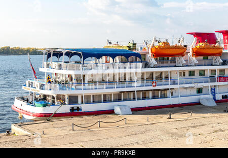 Samara, Russia - September 22, 2018: River cruise passenger ship moored at the pier on Volga river Stock Photo