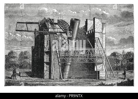 19-th century illustration of Rosse six-foot telescope - a historic reflecting telescope of 72 in (1.8 m) aperture, which was the largest telescope in Stock Photo