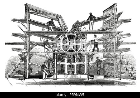 19-th century illustration of a rotary printing press, invented by Richard March Hoe (1812 1886). Published in Novoveki Izumi u znanosti, obrtu i umje Stock Photo