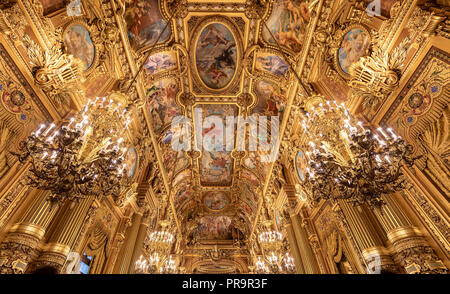 View of chandeliers inside of the Palais Garnier (Opera Garnier) in Paris, France. It was originally called the Salle Stock Photo