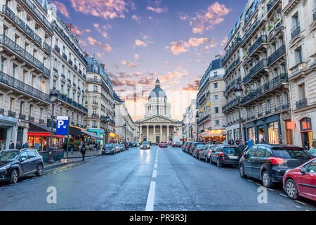 The Pantheon at sunset, a building in the Latin Quarter in Paris, France. Secular mausoleum containing the remains of distinguished French citizens Stock Photo