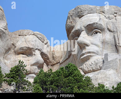 trees below Presidents Theodore Roosevelt and Abraham Lincoln Stock Photo