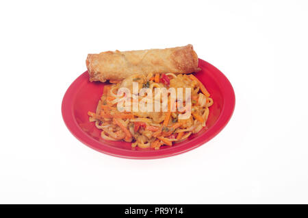 Plate of Chicken Pad Thai with a vegetable egg roll Stock Photo