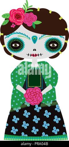Vector illustration of green Catrina doll on white background. Perfect for scrapbooking and crafts. Great for Halloween Stock Vector