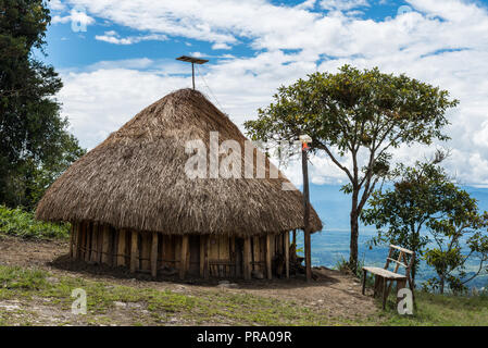 Solar panel and electric light becomes part of grass-topped hut of native Dani people. Wamena, Papua, Indonesia. Stock Photo
