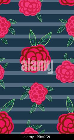 Navy blue seamless repeat floral pattern. Vector background with fun modern pink flowers and leaves. Perfect for fabric, scrapbooking, wallpapers and  Stock Vector